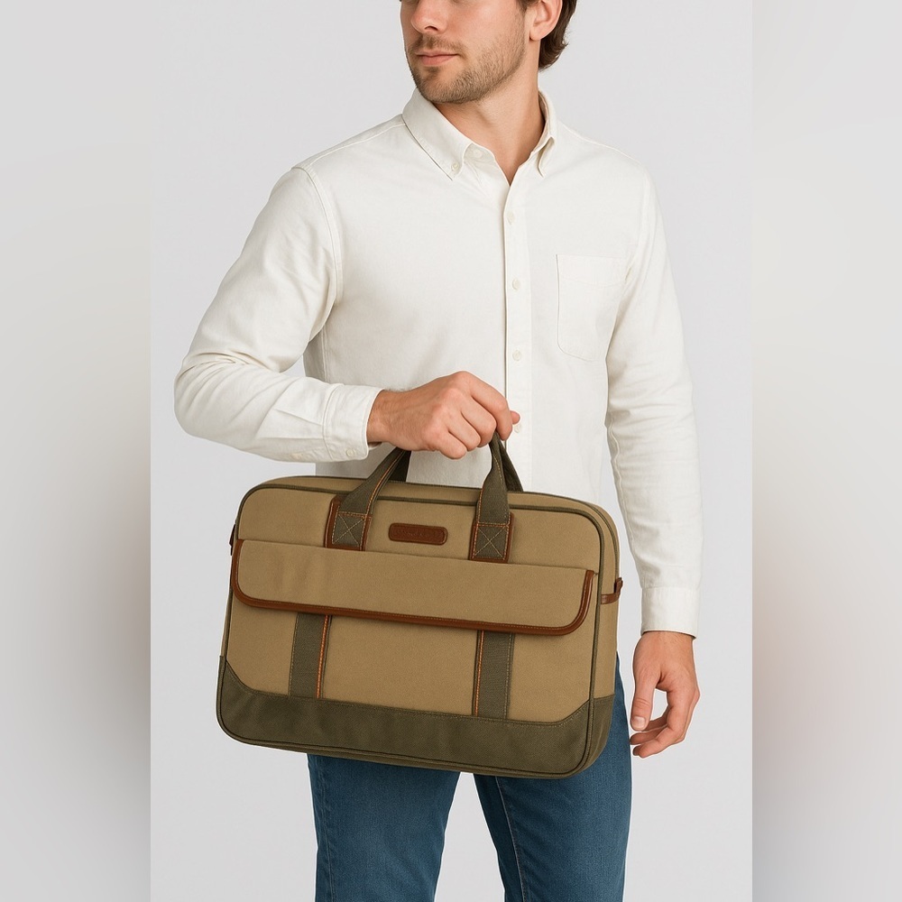 Eddie Bauer Khaki Woven Canvas Briefcase Laptop Sleeve Bag New with Tag (NWT)